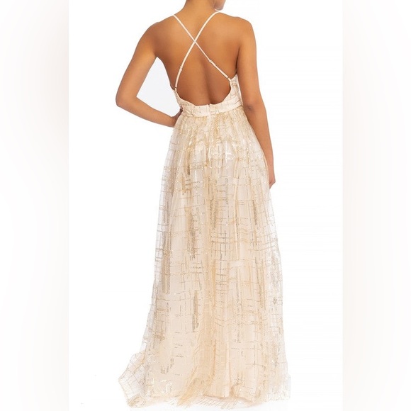 ELEGANT GOLD SEQUIN GLITTER BAROQUE STRAP DEEP V-NECK GOWN PROM WEDDING DRESS S - Picture 2 of 2